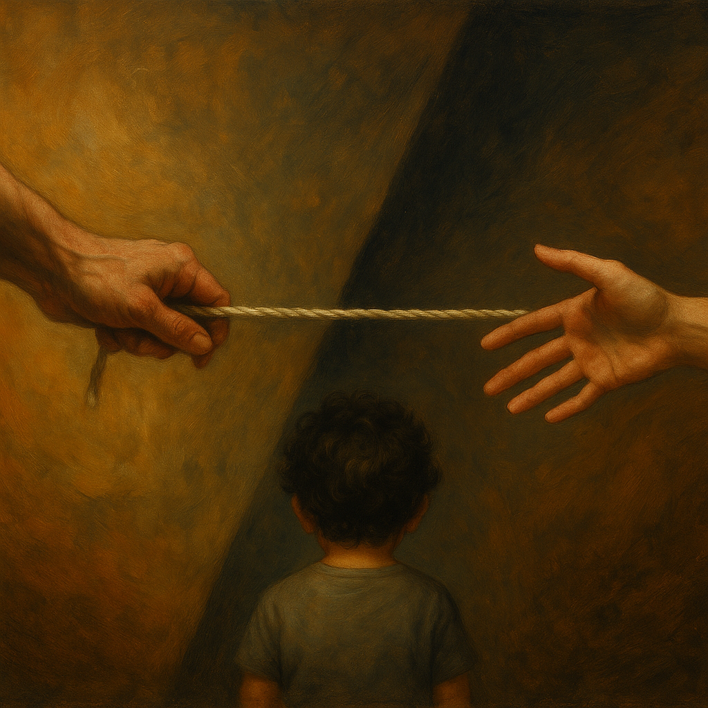 Parents standing apart in divided light, symbolizing emotional distance and separation.