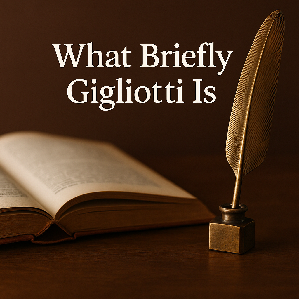 Open antique book with a brass quill beside it, with the text “What Briefly Gigliotti Is” displayed above.