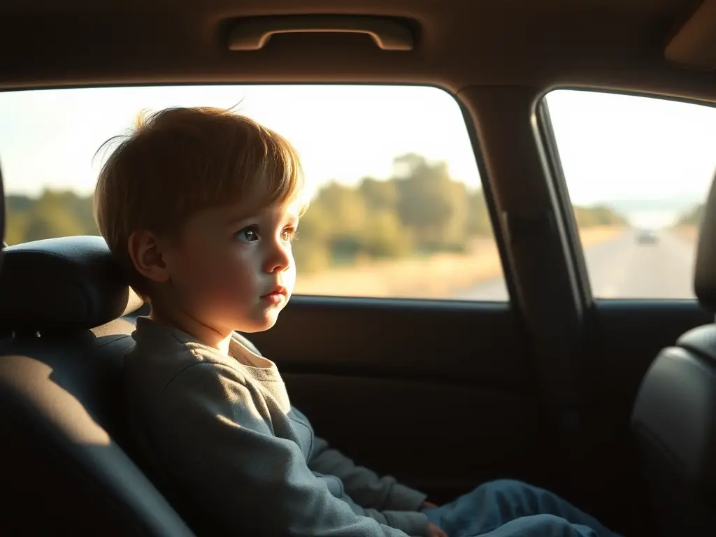 A still from 'Never Close Enough' showing a child looking thoughtfully out of a car window during a family relocation, capturing a moment of reflection and adjustment.