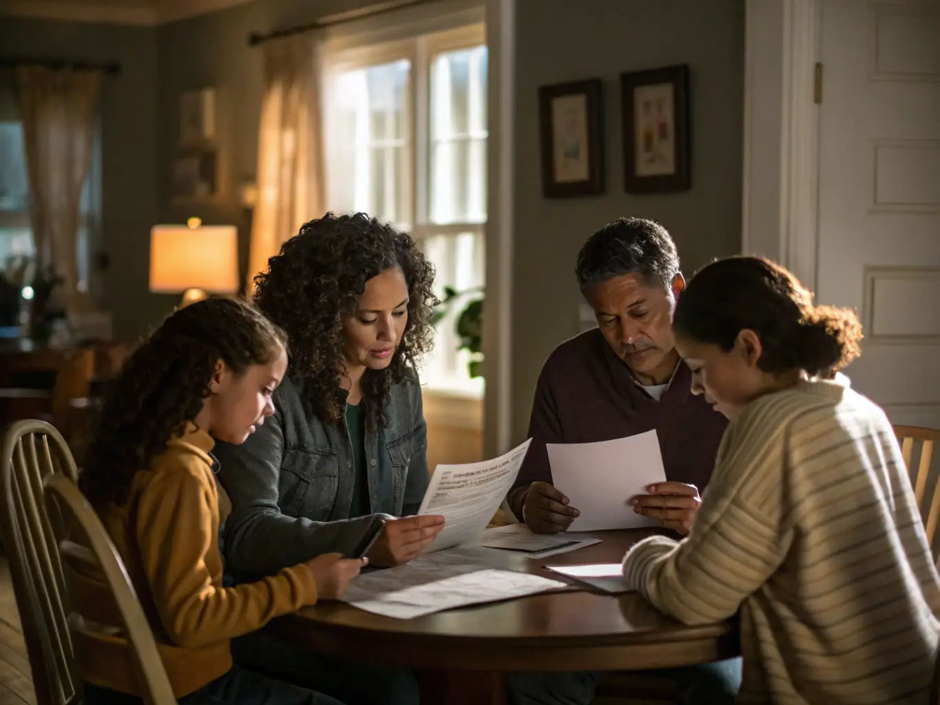 A still from The MoveAway Project film, showing a family looking at a map together, symbolizing the planning and decision-making involved in relocation.